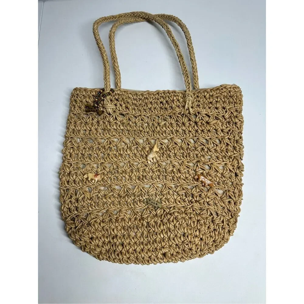 Vintage Cappelli Straworld Inc Large Tote With Safari Animal Wood Beads Notes